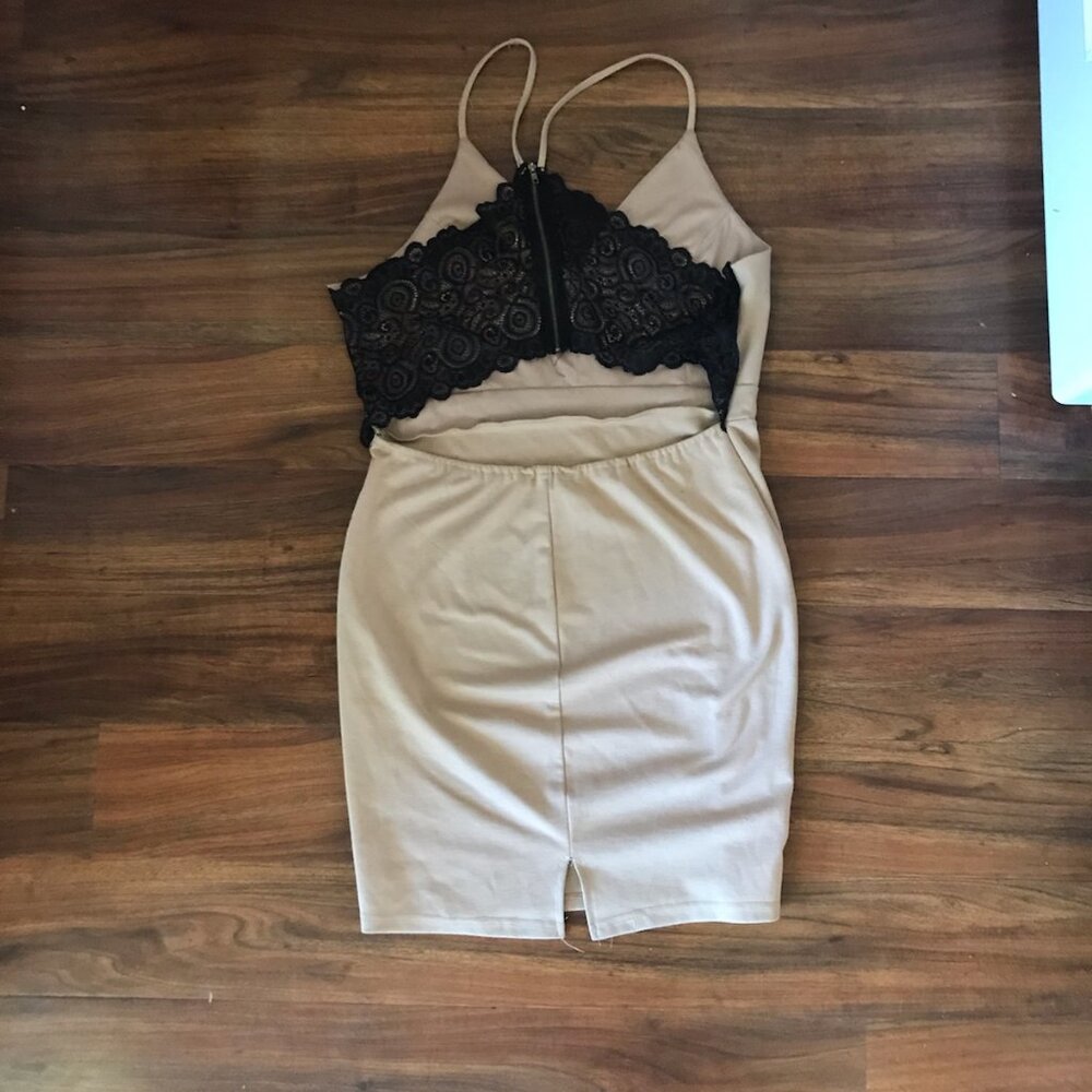 Tan and Black Lace Back Dress